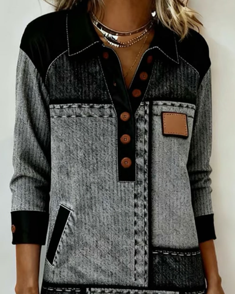 Dress Button Flip V-neck Color Block Modern