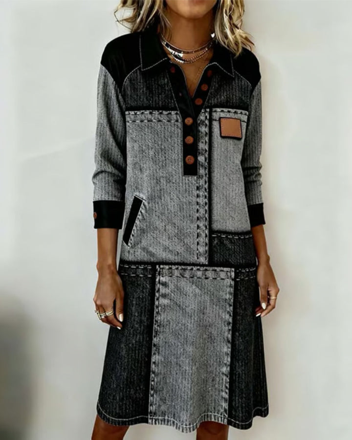 Dress Button Flip V-neck Color Block Modern