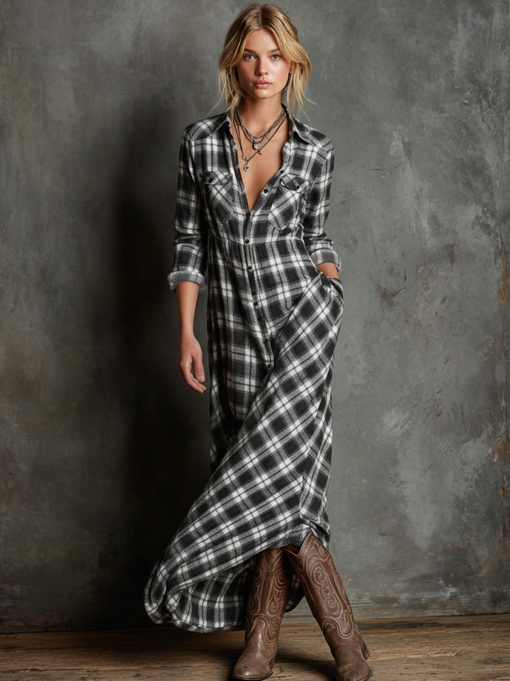 Lydia | Plaid Lapel Single-Breasted Shirt Maxi Dress