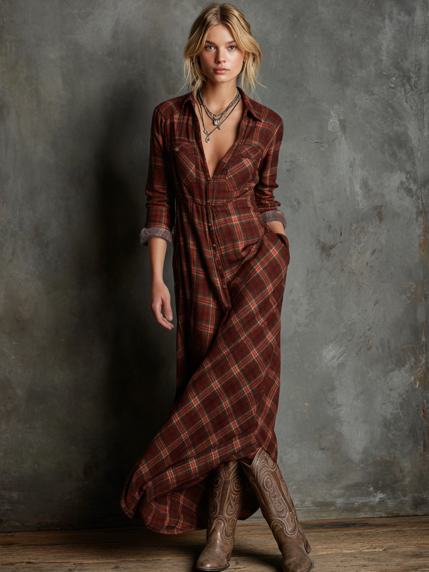 Lydia | Plaid Lapel Single-Breasted Shirt Maxi Dress