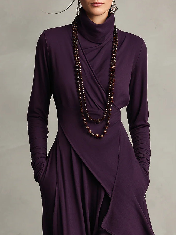 Giorgia - Asymmetrical Maxi Pleated Dress in Purple with High Neck (Necklace not included)